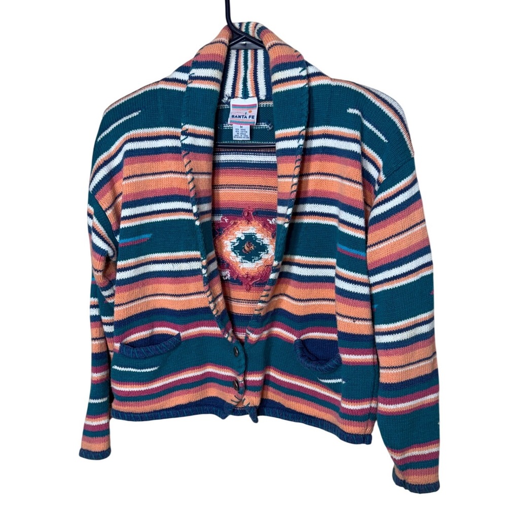 Vintage Santa Fe Southwestern Shawl Collar Cardigan Teal Orange Size M